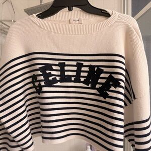 Celine Women's Navy and White Striped Sweater